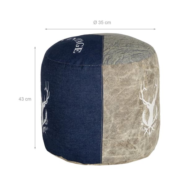 WOMO-DESIGN Pouf Jacksonville luonnonvärinen / sininen Ø35x43cm kangas / farkut, puuvillaa, käsintehty, olohuoneen pouf pouf pouf ottomaanien