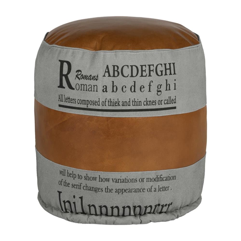 WOMO-DESIGN Rundpuff Cleveland grå / brun Ø43x47cm bomullsfyllning i äkta läder / duk, handgjord, vardagspufffuff ottoman ottoman