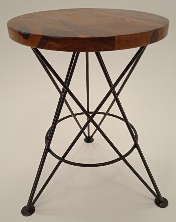 Handmade side table in Sheesham wood, hand-forged base.