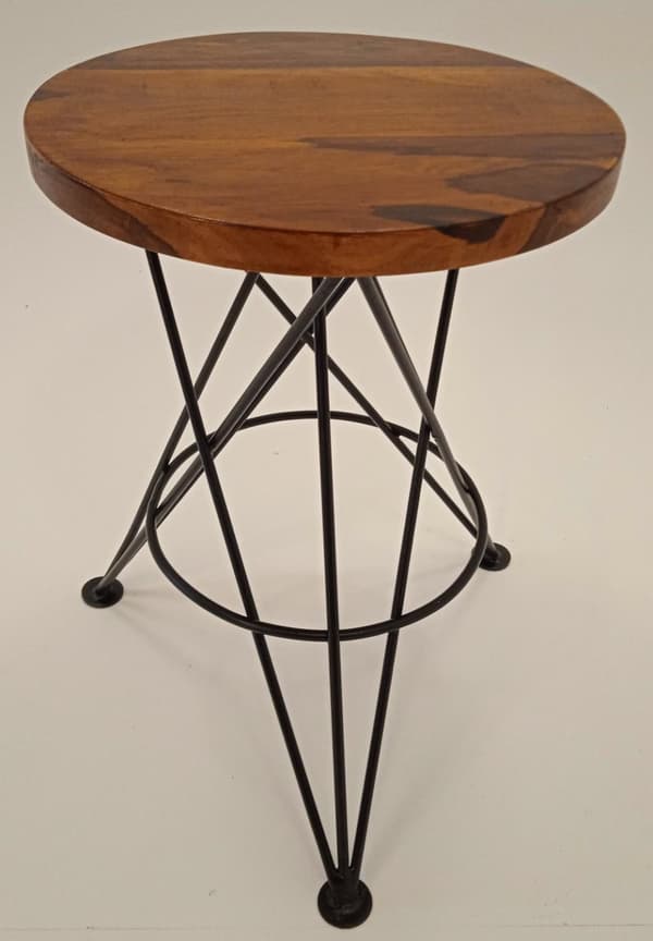 Handmade side table in Sheesham wood, hand-forged base.