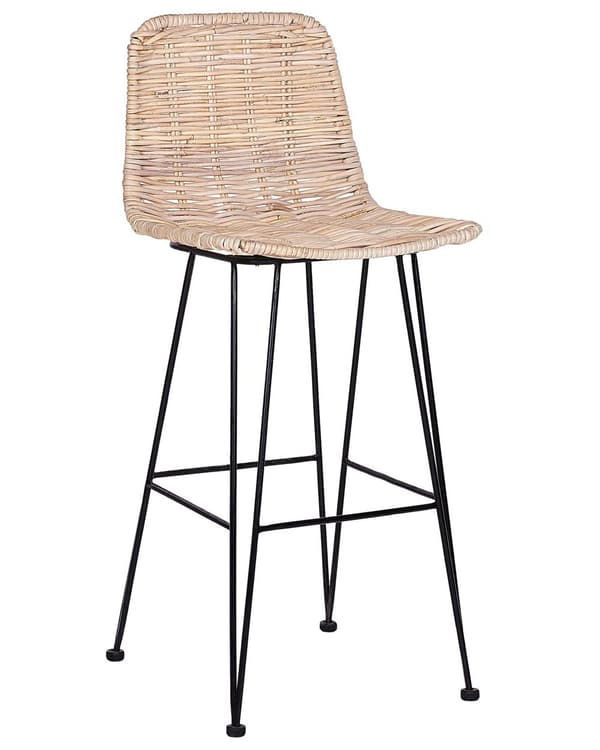 Sett med 2 Barstoler Sand Beige Rotting Svart Metallramme Rustikk Innendørs Boho Design