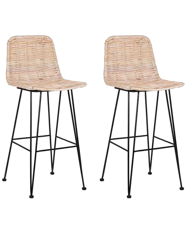 Sett med 2 Barstoler Sand Beige Rotting Svart Metallramme Rustikk Innendørs Boho Design