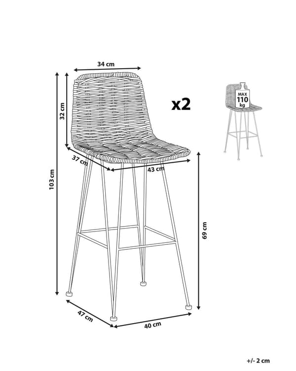 Sett med 2 Barstoler Svart Rotting Flettet Metallramme Rustikk Innendørs Boho Design