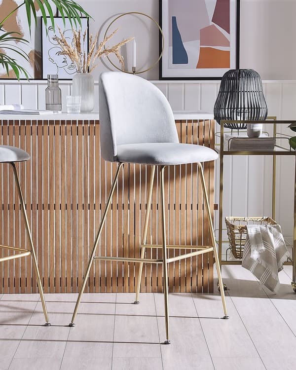 Sett med 2 barstoler Grå fløyel Gull stålramme Moderne Retro Glam Kjøkken Spisestue