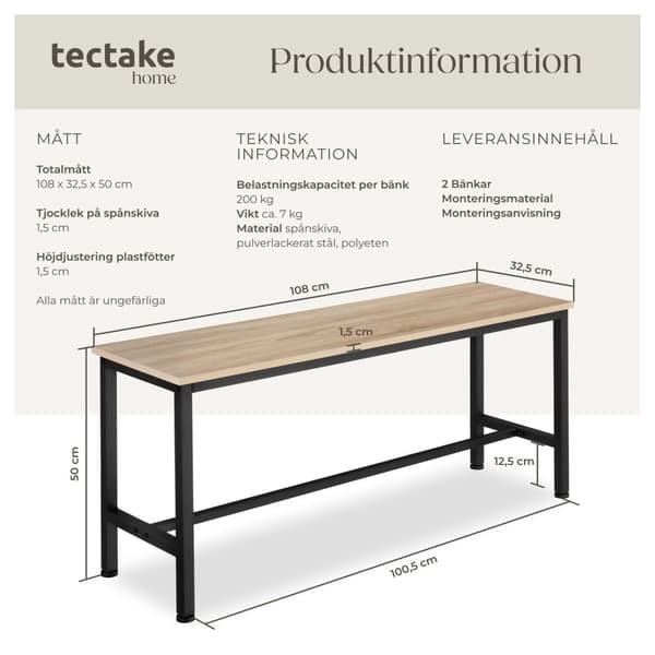 2 bänkar Fairfield - Industriellt lätt trä, ek Sonoma