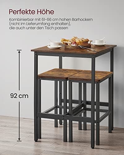 Vasagle morgenmadsbar, firkantet høj barbord, stålstel, 60 x 60 x 90 cm, brun og sort