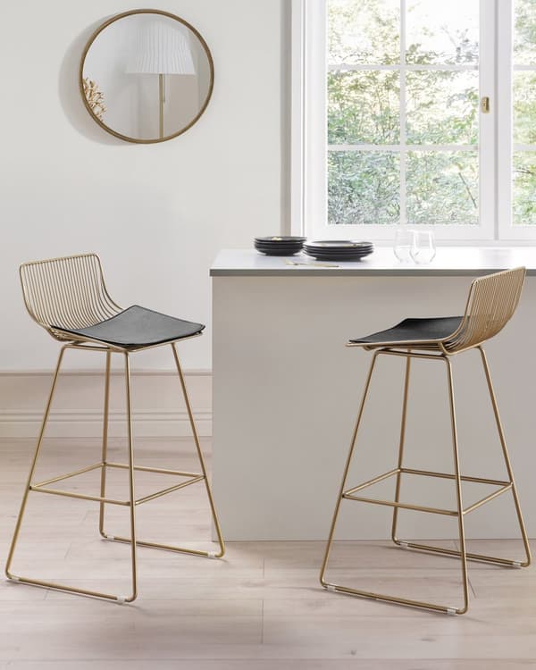 Barstole Guld Stål sæt af 2 Høj Stole til Køkken ø Design Trådstole Wire med Siddehynde