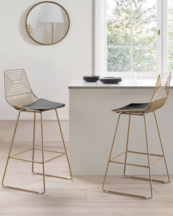 Uppsättning med 2 Barstolar Guld Metall och Stål med Sittdyna i Konstläder Industriell Design Kök Bar Matsal