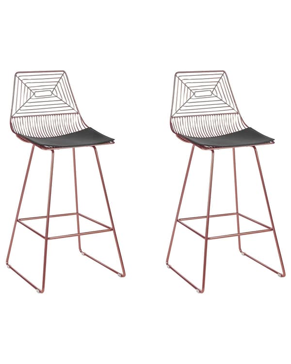Uppsättning med 2 Barstolar Roséguld Metall och Stål med Sittdyna i Konstläder Industriell Design Kök Bar Matsal