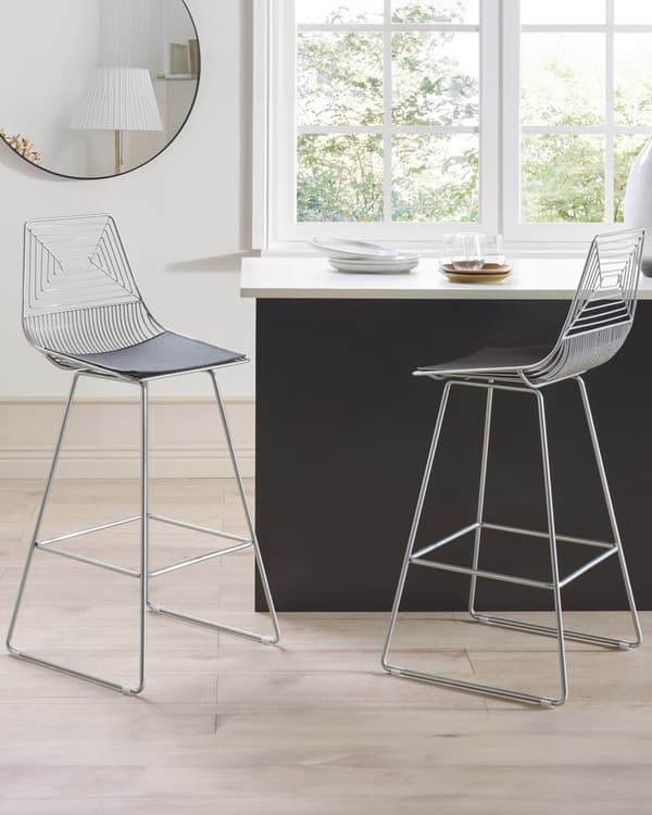 Barstole Sølv Stål sæt af 2 Høj Stole til Køkken ø Design Trådstole Wire med Siddehynde