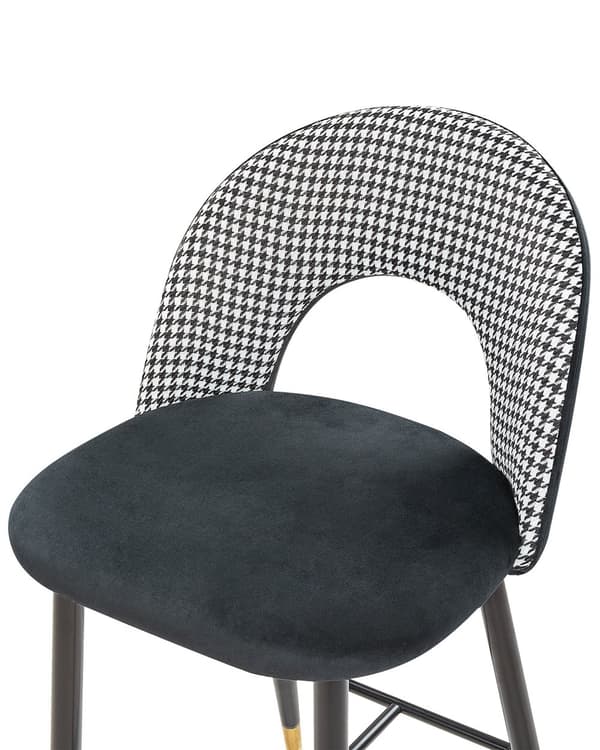 Baarituoli musta valkoinen 2 kpl samettiverhoilu teräs vaneri jalkatuet kukonaskelkuvio retro moderni