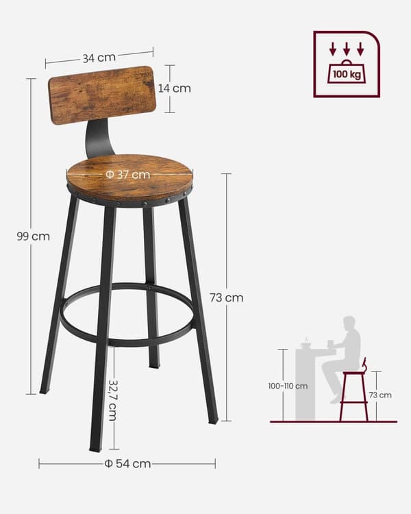 Rootz baarijakkarat - Keittiön jakkarat - 2 korkean baarituolin sarja selkänojalla - Teräsrunko - Teollisuus - 73 cm korkea istuin