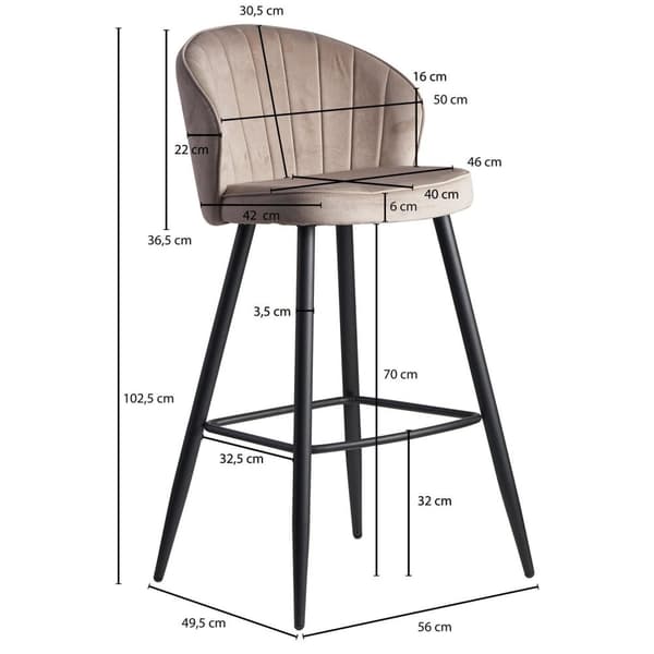 Rootz baarijakkara samettibeige jakkara selkänojalla 56x102,5x52,5 cm - Keittiöjakkara skandinaavinen kangas - metalli 110 kg - Design baarijakkara -