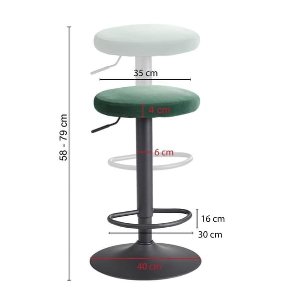 Rootz baarijakkara sametinvihreä jakkara ilman selkänojaa 58 - 79 cm - Keittiöjakkara kangas - metalli 100kg - Design baarijakkara työjakkara pyörivä