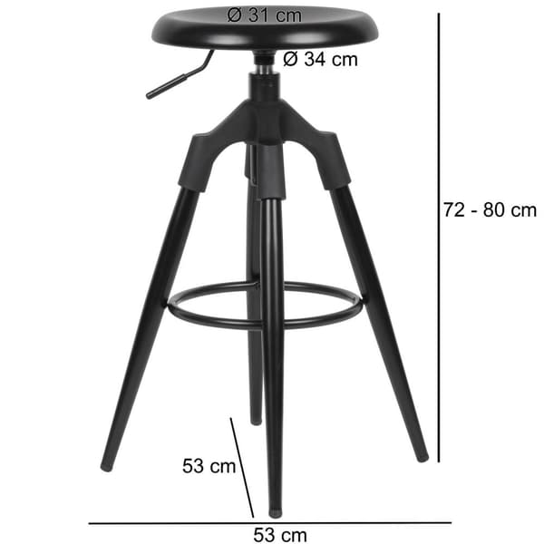 Rootz baarijakkara musta metalli 72-80 cm - Design baarituoli 100 kg maksimikantavuus Työtasojakkara Industrial - Tasotuoli ilman selkänojaa