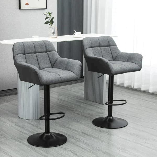 Rootz Barstol - Sæt med 2 barstol - Retro Design - Højdejusterbar - Imiteret læder - Linnedlook - Grå + Sort - 57,5L x 52,5W x 93-114H cm
