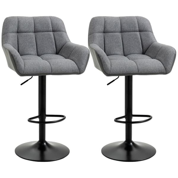 Rootz Barstol - Sæt med 2 barstol - Retro Design - Højdejusterbar - Imiteret læder - Linnedlook - Grå + Sort - 57,5L x 52,5W x 93-114H cm