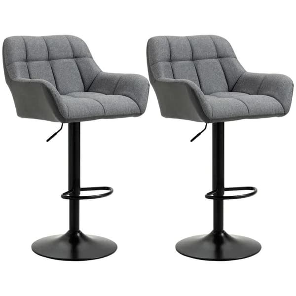 Rootz Barstol - Sæt med 2 barstol - Retro Design - Højdejusterbar - Imiteret læder - Linnedlook - Grå + Sort - 57,5L x 52,5W x 93-114H cm