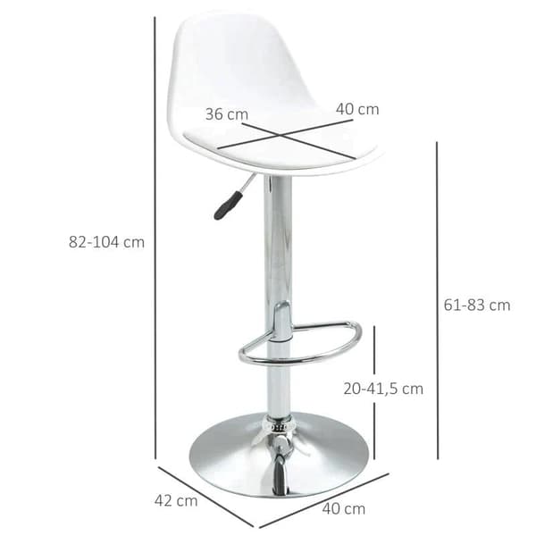 Rootz Barstole - To sæt barstole - Taburet - Højdejusterbar - Drejelig - Imiteret læder/PP/stål - Hvid - 40 x 42 x 82-104 cm