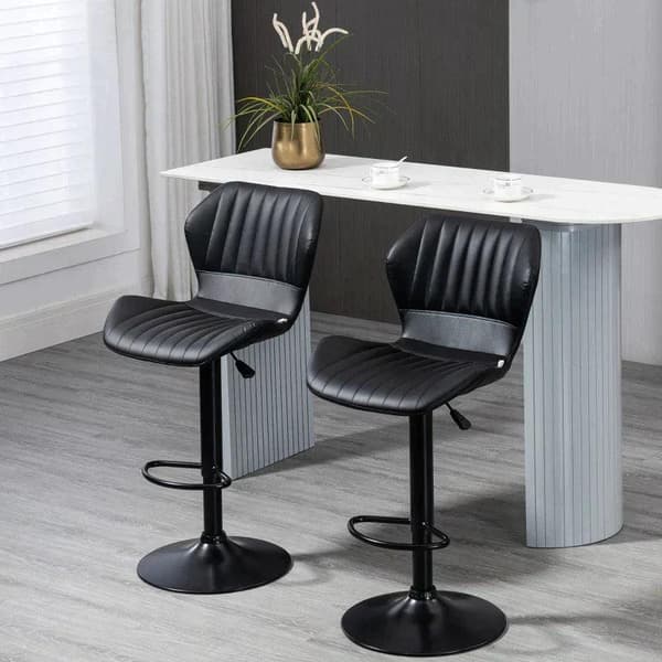 Rootz Barstol - Sæt med 2 - Højdejusterbar - Imiteret læder + Stål - Sort - 48,5 x 55,5 x 90-110 cm