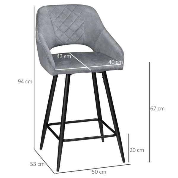 Rootz Sæt Med 2 Barstole I Retro Design - Velvet Look - Inkl. Fodstøtte - Grå - 50 cm x 53 cm x 94 cm