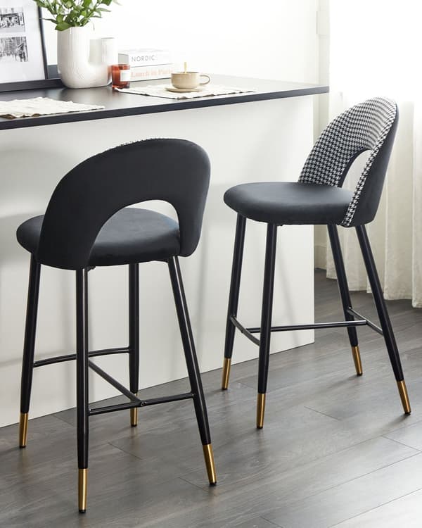 Sett med 2 Barstoler Svart Hvit Fløyel Stål Retro Design Gull Spisestue