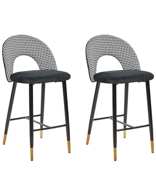 Sett med 2 Barstoler Svart Hvit Fløyel Stål Retro Design Gull Spisestue