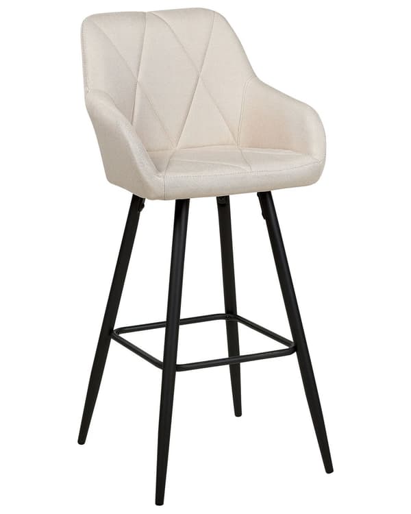 Set med 2 Barstolar Beige Tygklädsel med Armstöd Rutiga Ryggstöd Svarta Metallben