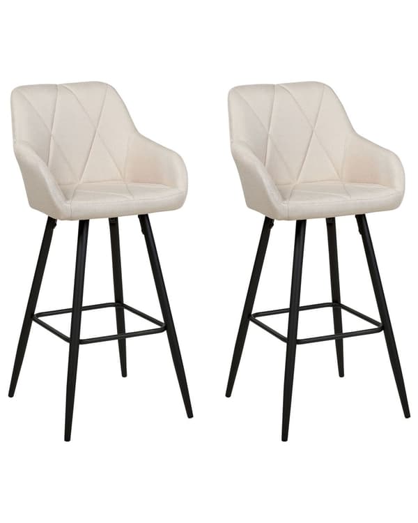 Set med 2 Barstolar Beige Tygklädsel med Armstöd Rutiga Ryggstöd Svarta Metallben