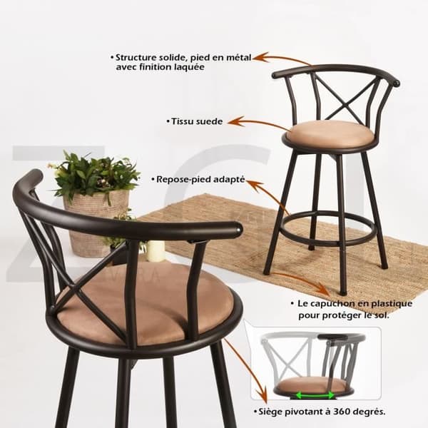 MYSIGA MÖBLER Set med 2 barstolar, industriell stil, 360° roterbar, med ryggstöd och fotstöd, sitthöjd 63 cm