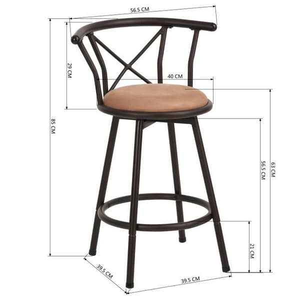 MYSIGA MÖBLER Set med 2 barstolar, industriell stil, 360° roterbar, med ryggstöd och fotstöd, sitthöjd 63 cm