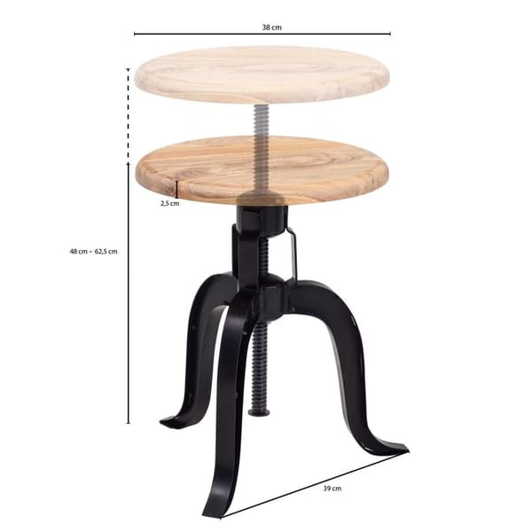 Rootz drejestol 39x62,5x39 cm massivt akacietræ - metal sort drejelig - Design deco skammel højdejusterbar - Stå skammel Rund Industri - Lille barstol
