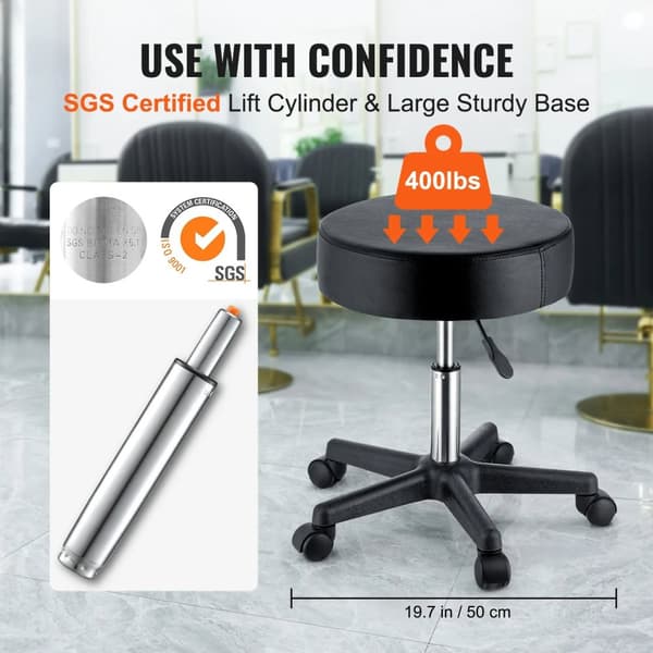 400 lbs lastkapacitet 460-605mm justerbar höjd 360° rullande rund pall med 5 hjul, 40cm diameter förtjockad sittdyna, robust struktur