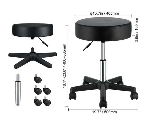 400 lbs lastkapacitet 460-605mm justerbar höjd 360° rullande rund pall med 5 hjul, 40cm diameter förtjockad sittdyna, robust struktur