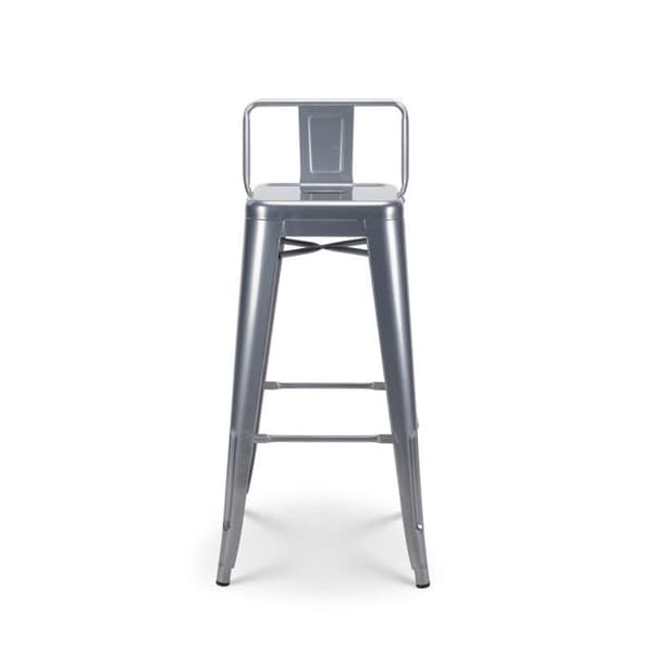 Set om 4 grå silverfärgade metallbarstolar med glänsande yta i industriell stil - Med ryggstöd - Höjd 66cm