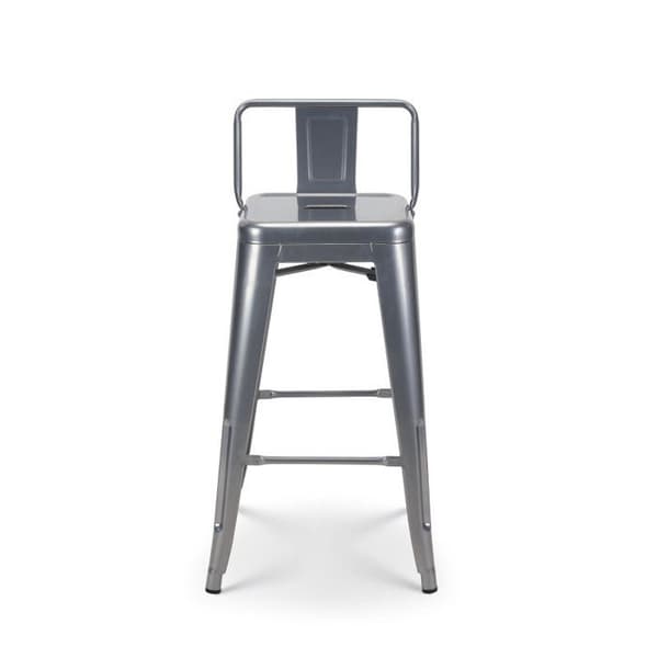 Set om 4 grå silverfärgade metallbarstolar med glänsande yta i industriell stil - Med ryggstöd - Höjd 66cm