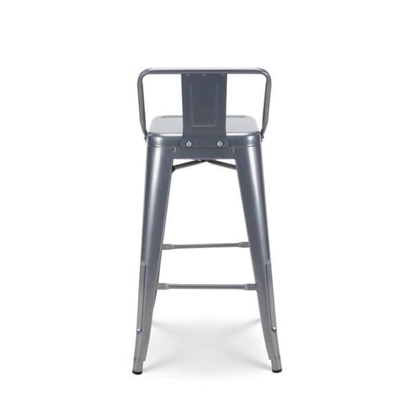 Set om 4 grå silverfärgade metallbarstolar med glänsande yta i industriell stil - Med ryggstöd - Höjd 66cm