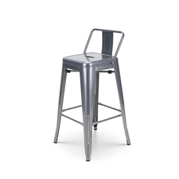 Set om 4 grå silverfärgade metallbarstolar med glänsande yta i industriell stil - Med ryggstöd - Höjd 66cm