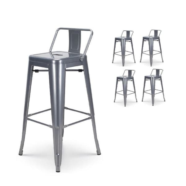 Set om 4 grå silverfärgade metallbarstolar med glänsande yta i industriell stil - Med ryggstöd - Höjd 66cm
