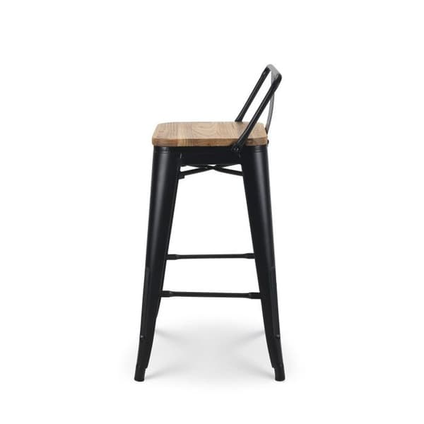 KOSMI - Industriell barstol med ryggstöd i mattsvart metall och sits i ljust trä - Sitthöjd 66 cm