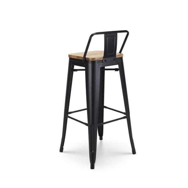 Set med 4 barstolar i matt svart metall, industriell stil, med ryggstöd och sits i ljust trä - Höjd 76 cm