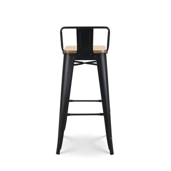 Set med 4 barstolar i matt svart metall, industriell stil, med ryggstöd och sits i ljust trä - Höjd 76 cm