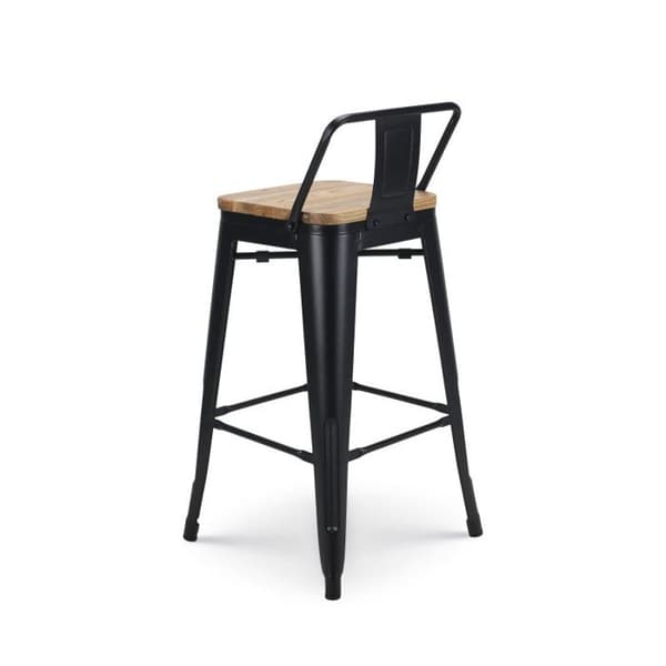 Set med 4 svarta metallbarstolar i industriell stil med ryggstöd och sits i ljust trä - Höjd 66 cm