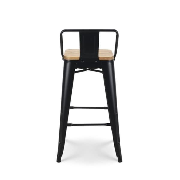 Set med 4 svarta metallbarstolar i industriell stil med ryggstöd och sits i ljust trä - Höjd 66 cm