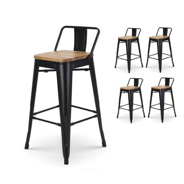 KOSMI - Set med 4 barstolar i industristil med ryggstöd i matt svart metall och sits i ljust trä - Sitthöjd 66 cm