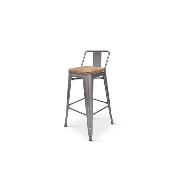Barstol i rå metall med galvaniserad yta, industriell stil med ryggstöd och sits i ljust trä - Höjd 66 cm
