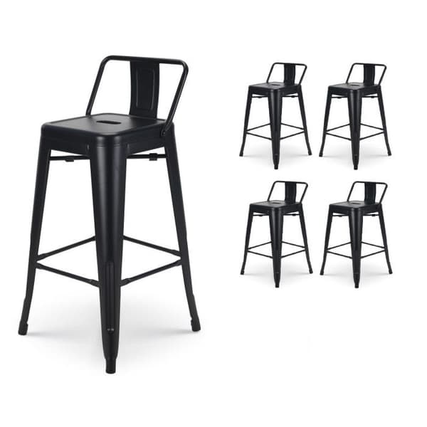 Set om 4 svarta metallbarstolar i industriell stil - Med ryggstöd - Höjd 66 cm