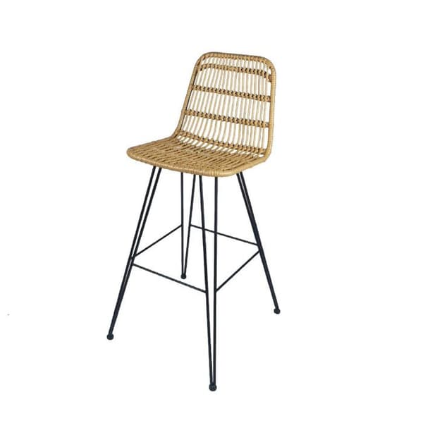 KOSMI - Naturlig barpall med rottinglook i vävt harts och svarta metallben - Höjd 63 cm