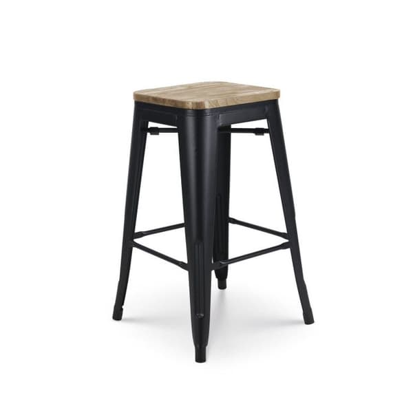 KOSMI - Set med 4 barstolar i mattsvart metall i industriell stil och sits i ljust trä - Höjd 66 cm