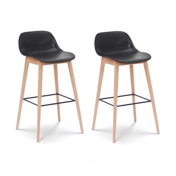 KOSMI - Set med 2 svarta barstolar i skandinavisk stil med ben i naturligt trä - Höjd 66 cm